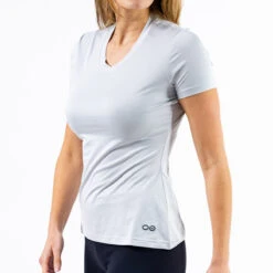 OOfos Women's COOl Down V Neck - Light Gray Heather -Shoes Haven Sales WhiteVNeck